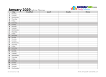 2029 Monthly Menu Planner