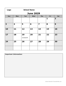 2029 Monthly School Jun-Sep Calendar