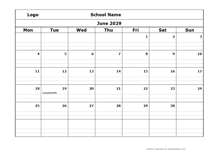 2029 Monthly School Mon Jun-Sep Calendar