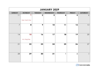 2029 Monthly US Holidays LibreOffice Calendar