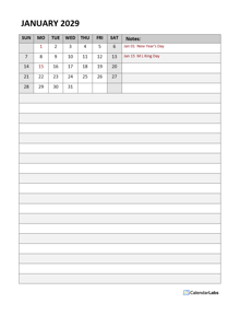 2029 Monthly Word Calendar Diary Template