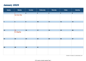 2029 OneNote Calendar Template