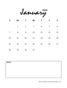 2029 Portrait Mini Calendar Printable