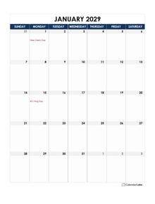 2029 Printable Calendar With large Boxes