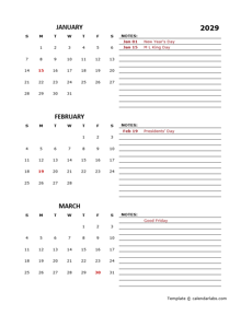 2029 Quarterly Portrait Calendar Template