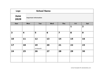 2029 School Monthly Jun-Sep Calendar