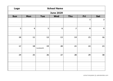 2029 School Monthly Printable Calendar
