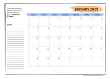2029 Student Calendar With Note Space