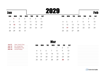 2029 Quarterly Three Month Calendar