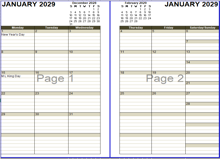 2029 Two Page Monthly Calendar A3