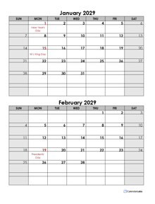 2029 Word Calendar Template Two Months In One Page