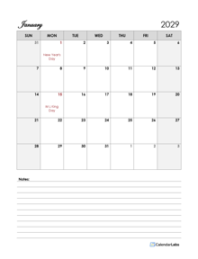 2029 Word Calendar Template With Notes