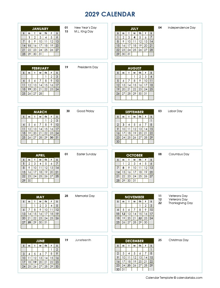 2029 Full Year Calendar Vertical Template