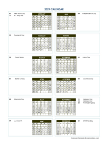 2029 Annual Calendar Vertical Template
