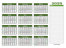 2029 Yearly Calendar With Blank Notes