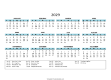 2029 Yearly Google Docs Calendar With Holiday