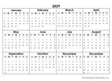 2029 Yearly Mini Calendar Template