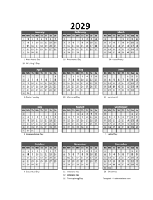 Editable 2029 Yearly Spreadsheet Calendar