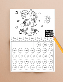 Valentines Day 2029 Coloring Calendar