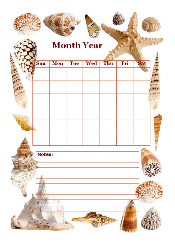 Monthly Blank Calendar in Designer Sea Shell