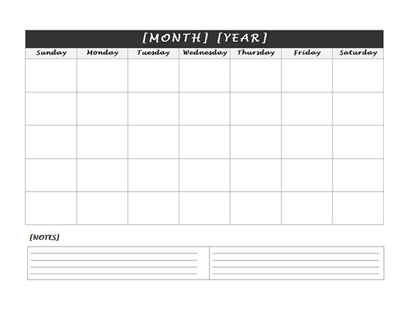 Monthly Blank Calendar with Notes Spaces