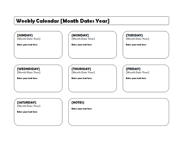 Weekly Blank Calendar Landscape with Day Block