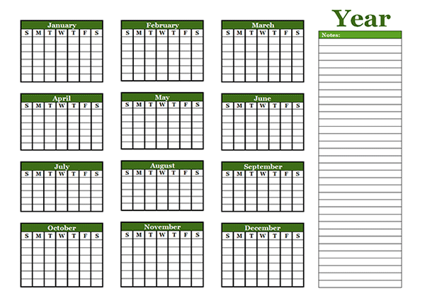 Yearly Blank Calendar with Holidays