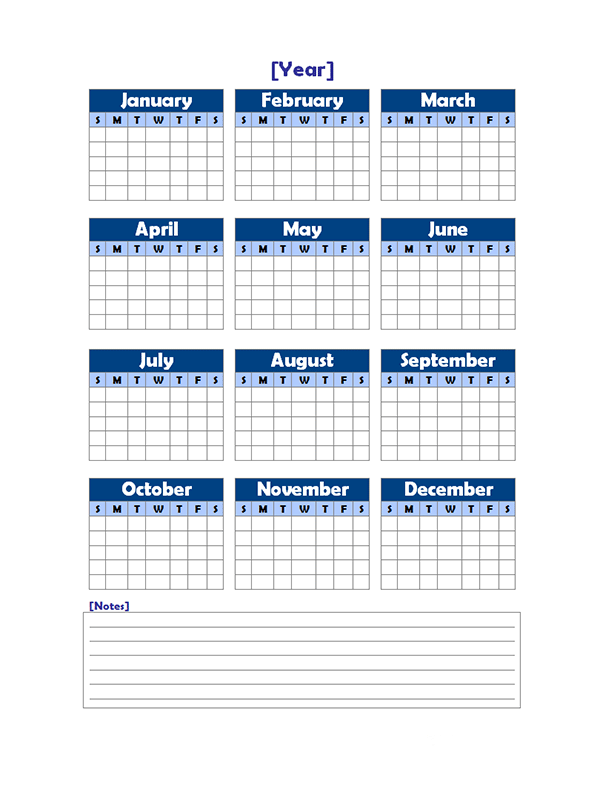 Yearly Blank Calendar Potrait with Notes