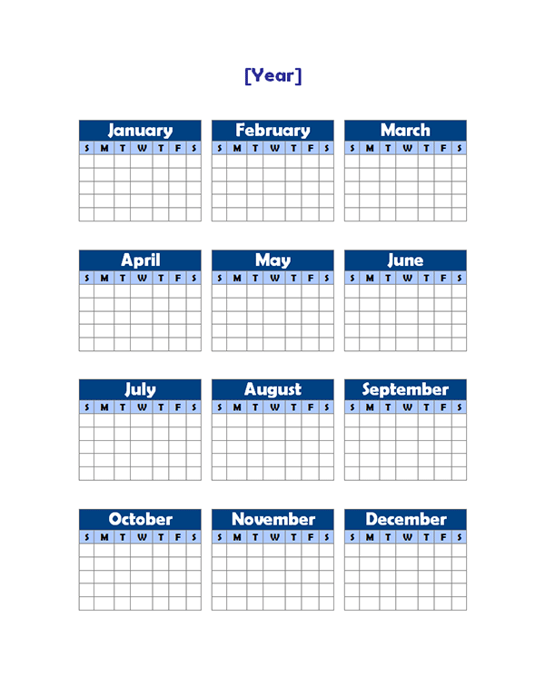 Yearly Blank Calendar Potrait