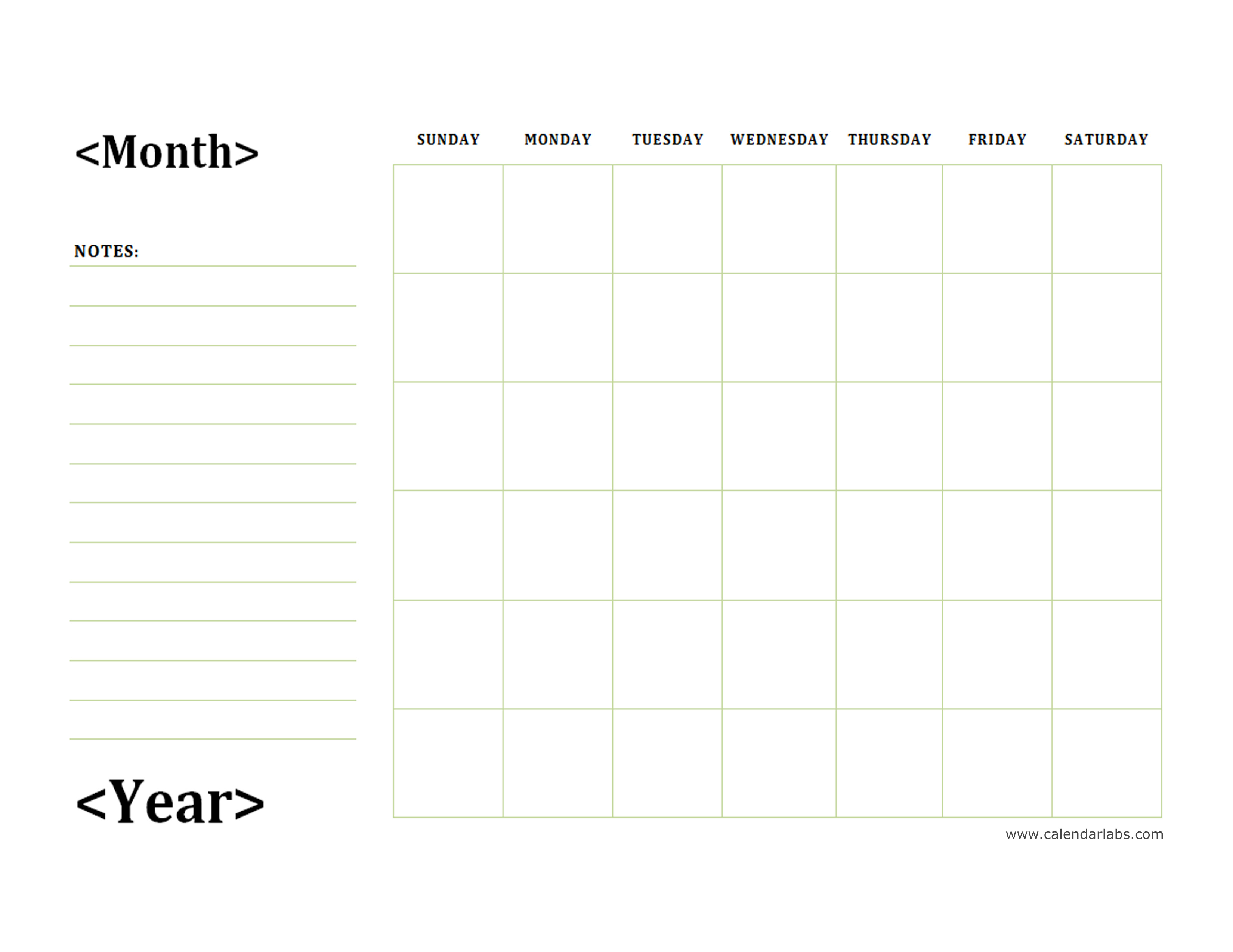 Monthly Blank Calendar with Day Notes Landscape Free Printable Templates