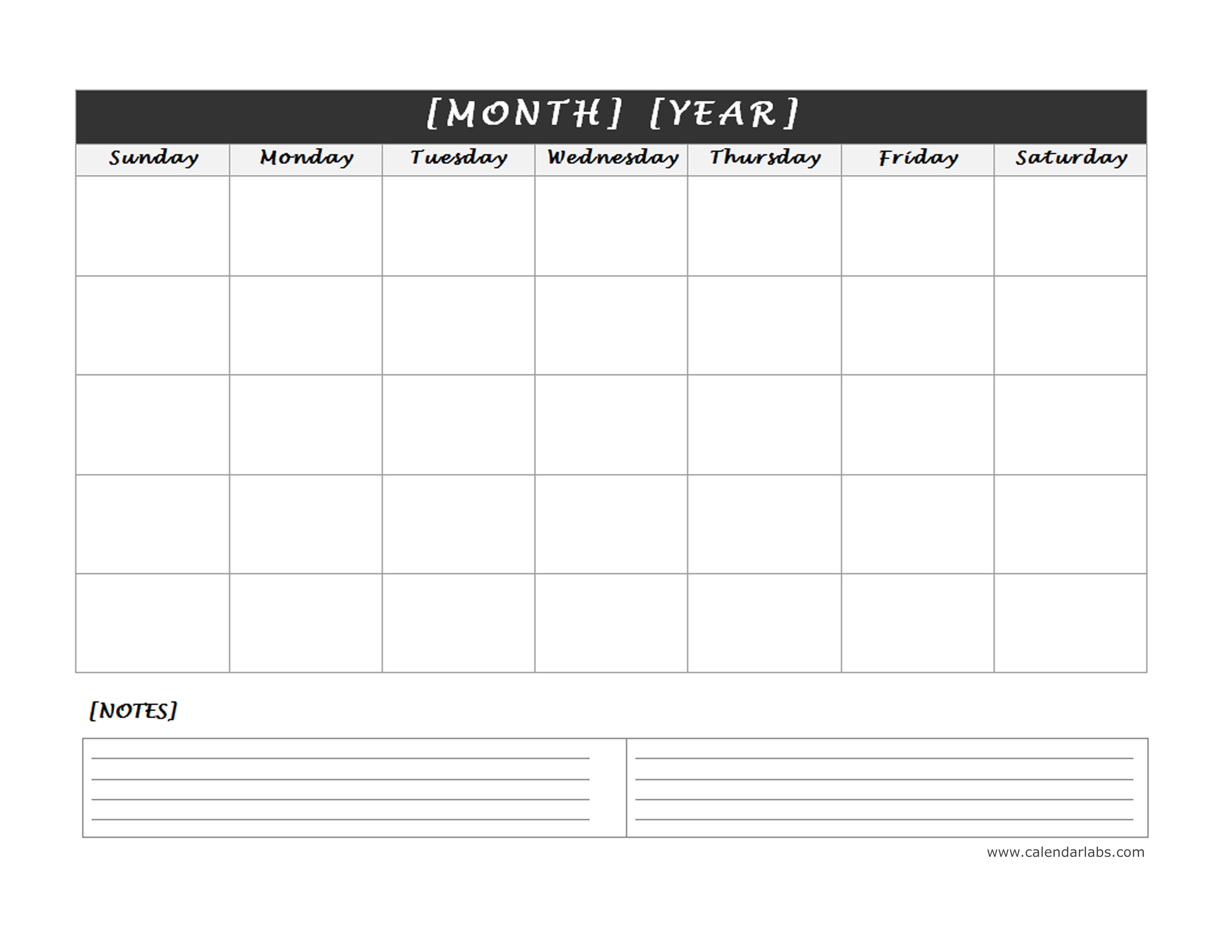 Monthly Blank Calendar with Notes Spaces Free Printable Templates