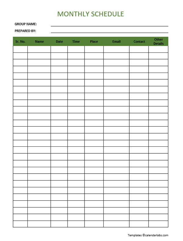 Fillable Monthly Schedule Template