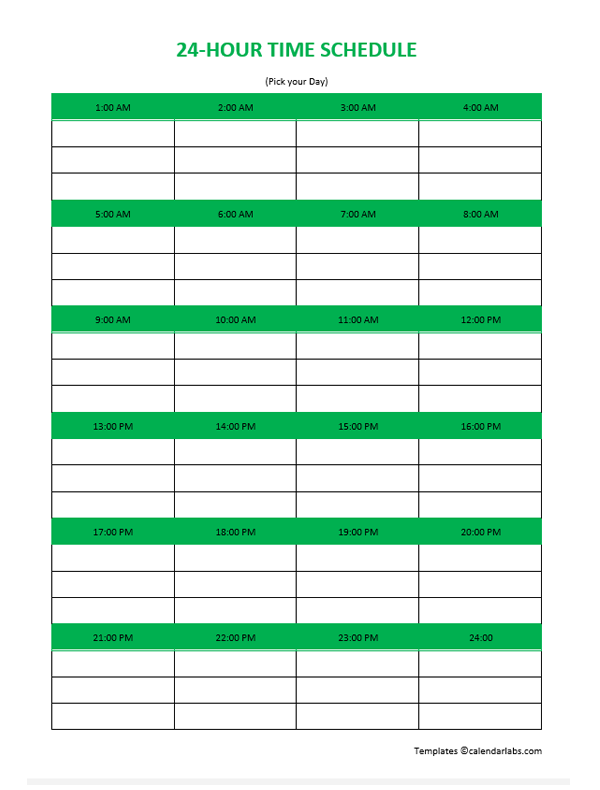 24 Hourly Schedule Template Printable