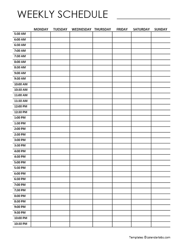 7 Day Weekly Schedule Template