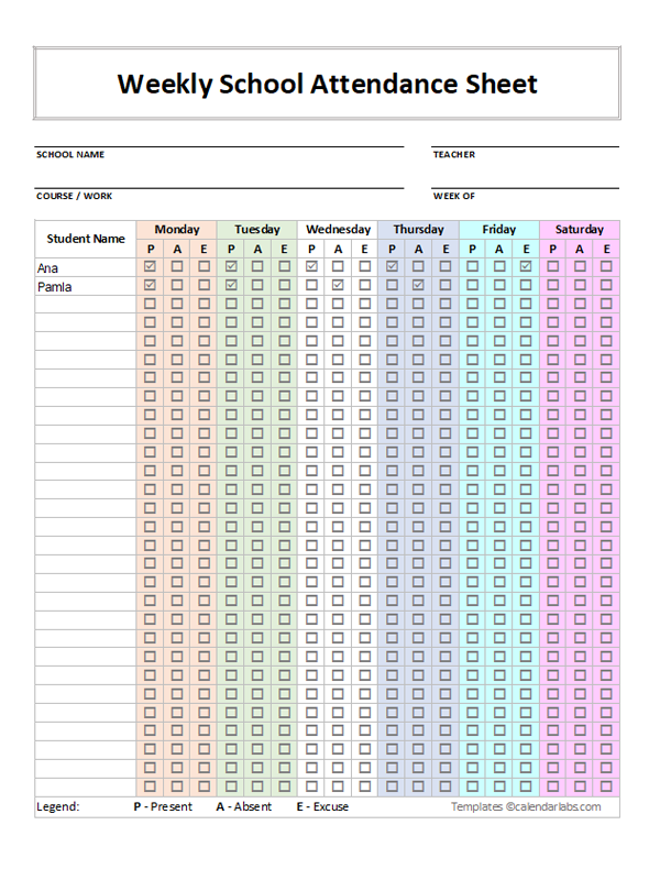 Attendance Sheet For Students Excel