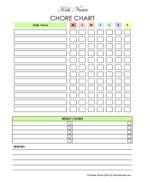 Chore Chart For Kindergartners