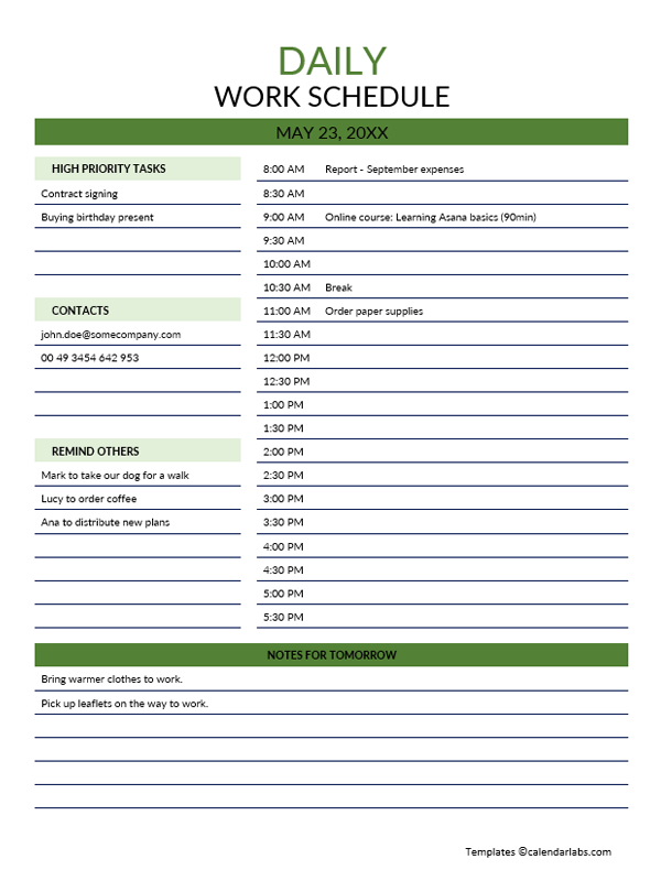 Daily Employee Schedule Template