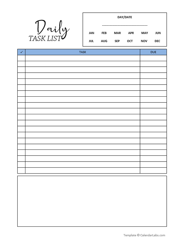 Daily Work Task List Template