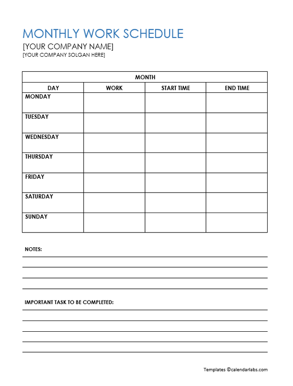 Employee Monthly Schedule Template - Free Printable Templates