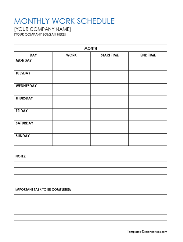 Employee Monthly Schedule Template