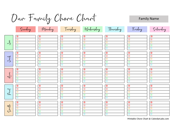 Family Chore Chart Printable