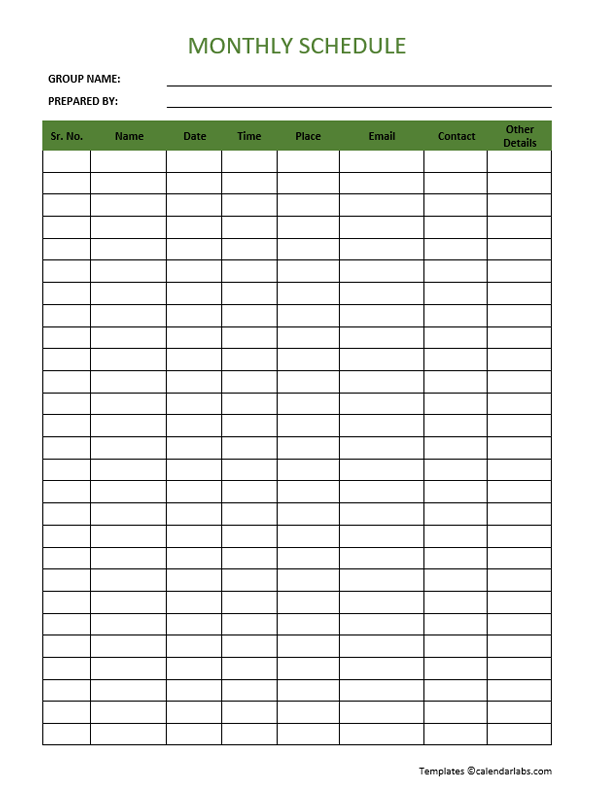 Free Monthly Schedule Template
