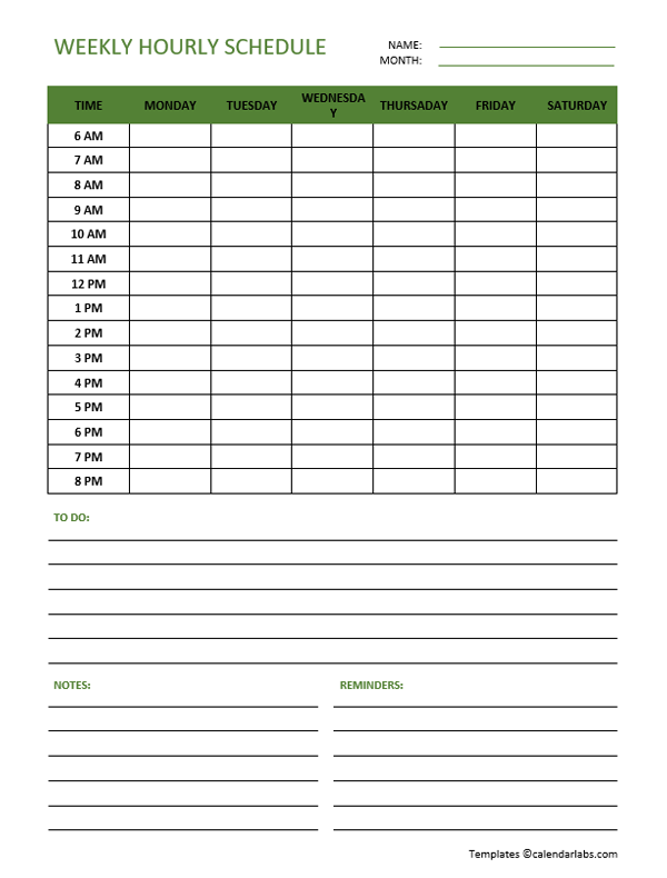 Free Weekly Hourly Schedule Template