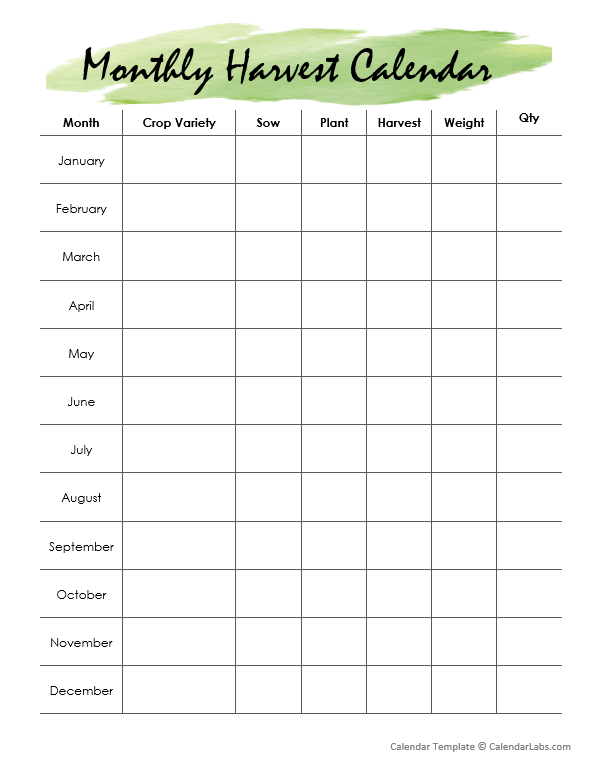 Monthly Crop Harvest Calendar