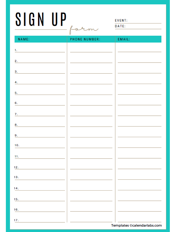 Pintable Sign Up Sheet Template