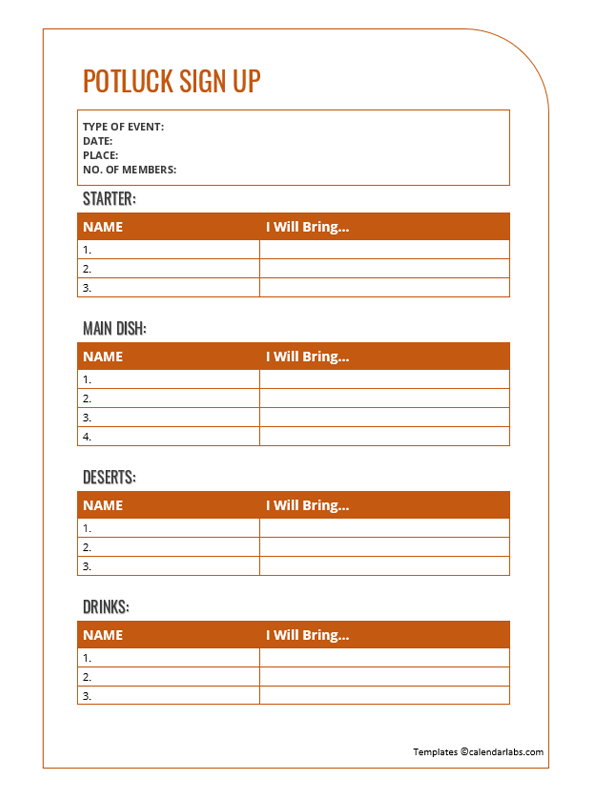 Potluck Sign Up Sheet Template