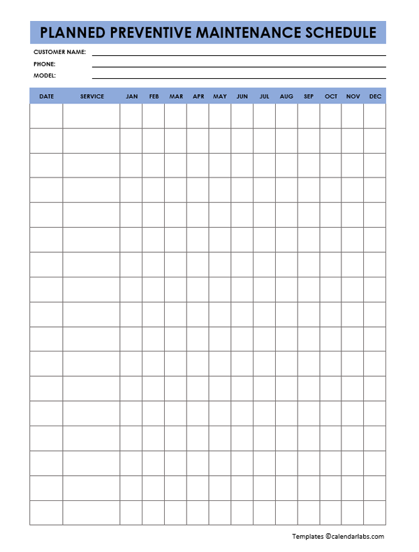 Preventive Maintenance Schedule Template