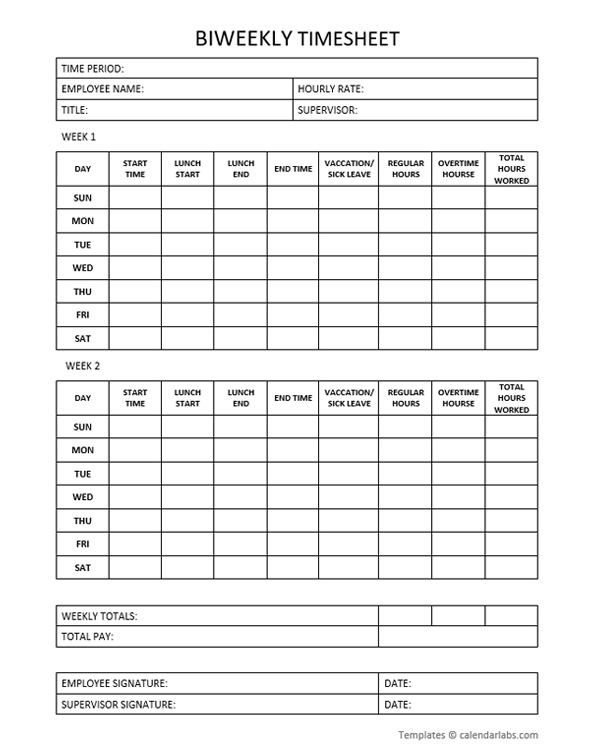 Printable Biweekly Timesheet Template