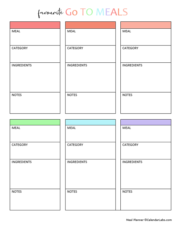 Printable Favorite Meal Planner Template