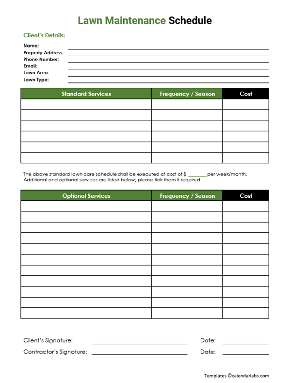 Printable Lawn Maintenance Schedule Template